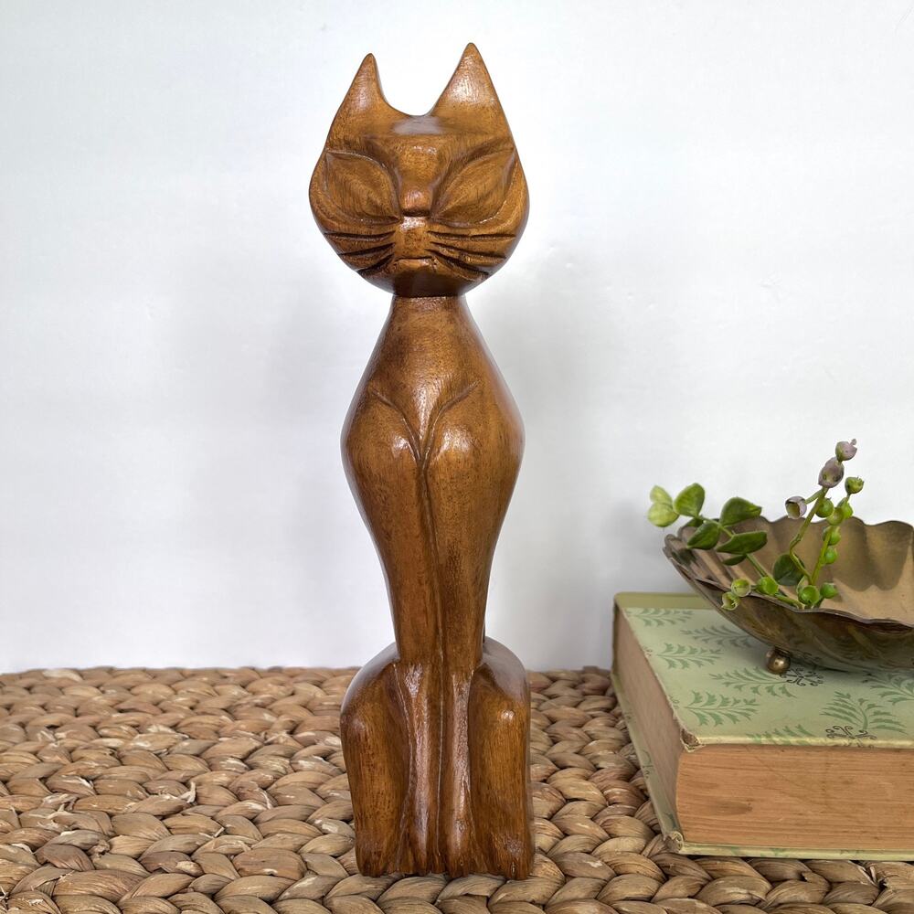Vintage Tiki Siamese Cat Hand Carved Sculpture 10" H Alii Woods Honolulu MCM